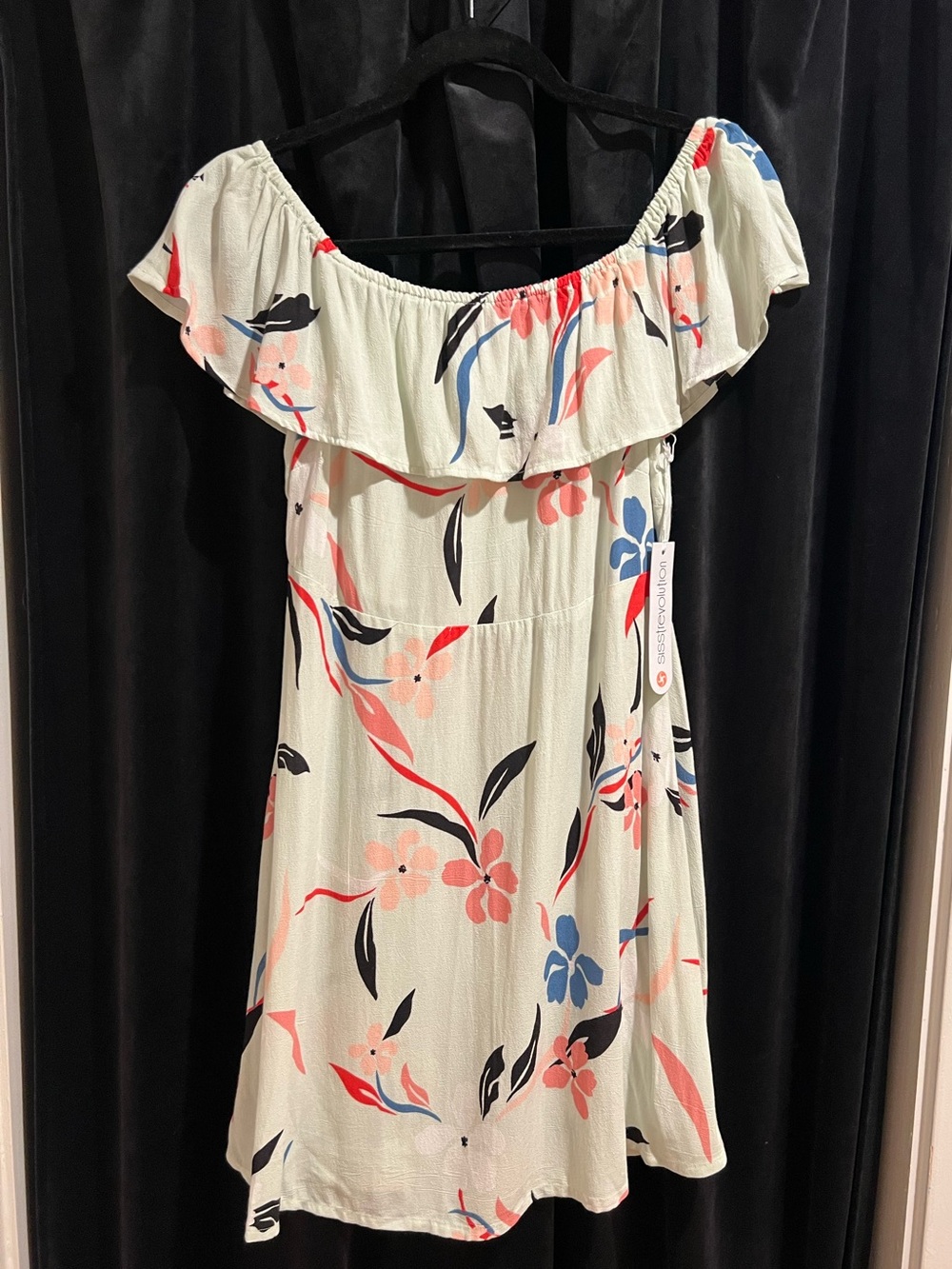 Off-Shoulder Mini Dress in Mint Green with Coral & Blue Floral Print